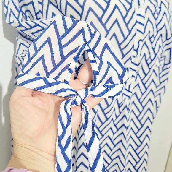 St. John’s Bay 1X Blue White Chevron Print Cotton Tunic Blouse Tie Sleeve Boho - Picture 3 of 13